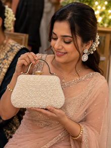 White Pearl Beaded Party Clutch Bag For Women