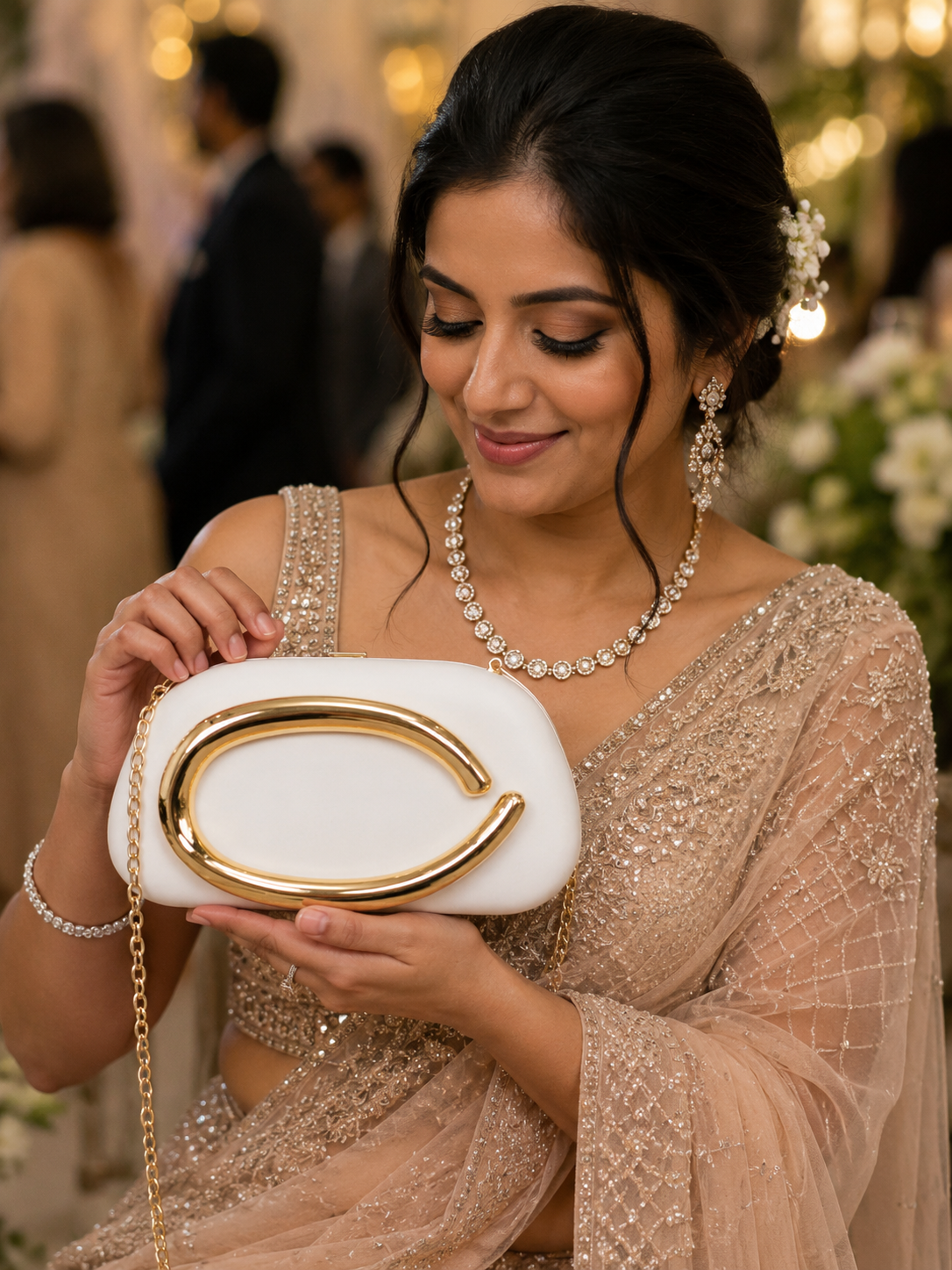 Designer White Acrylic Clutch with Golden Handle