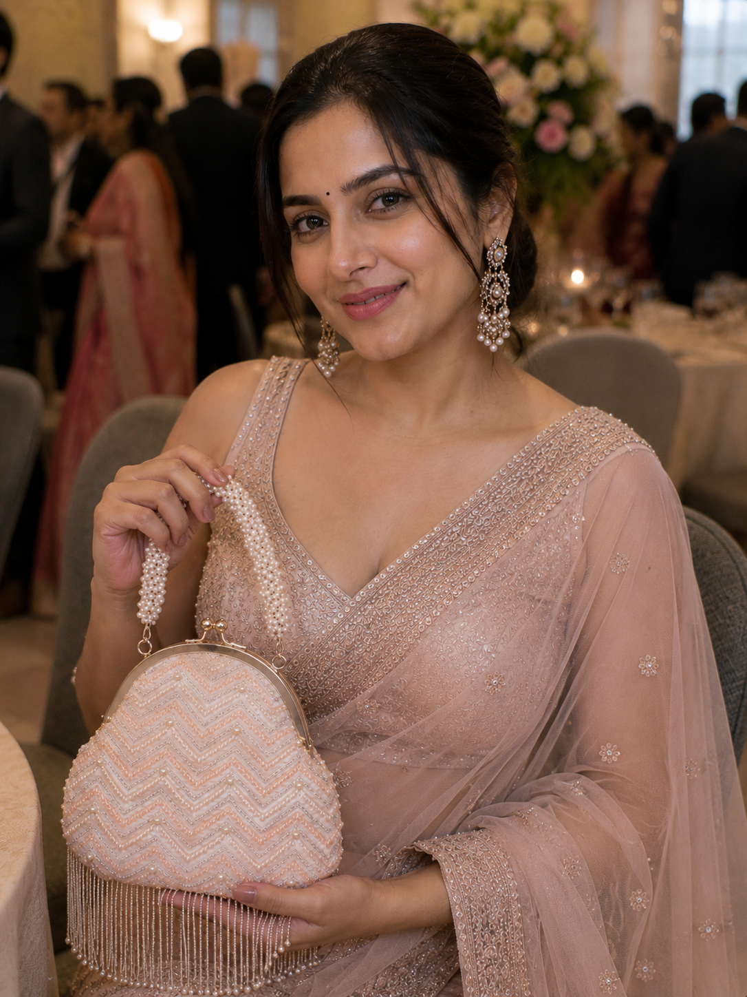 Peach Cream Pearl Potli Clutch Bag For Women