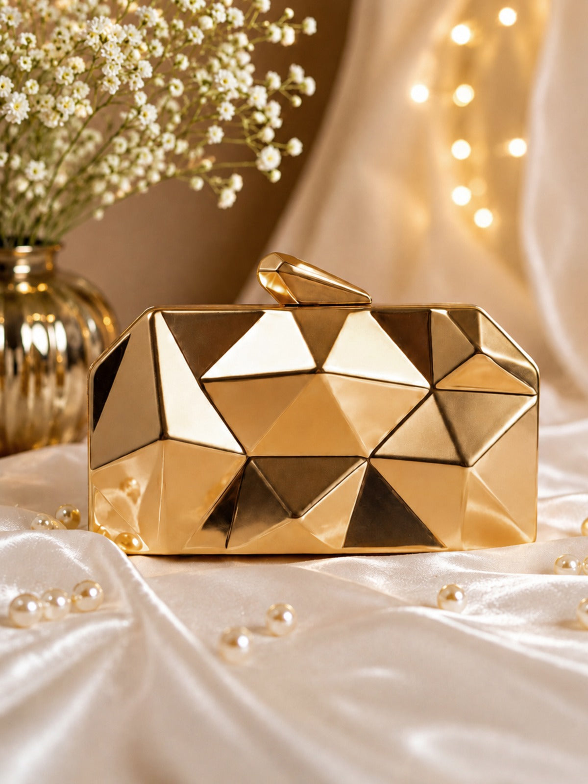 Designer White Acrylic Clutch with Golden Handle