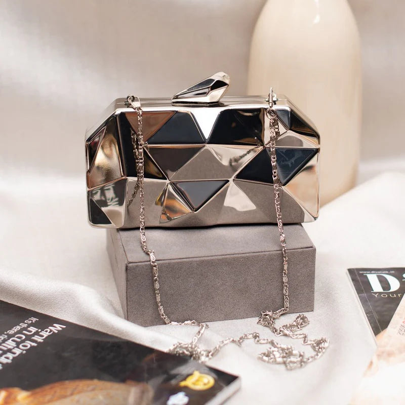 Designer Silver Acrylic Metal Clutch