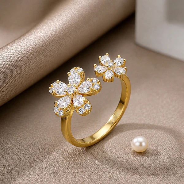 Dual Blossom Adjustable Anti-Tarnish Ring