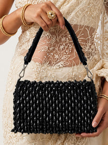 Black Fringe Pearl Beaded Party Clutch Bag For Women