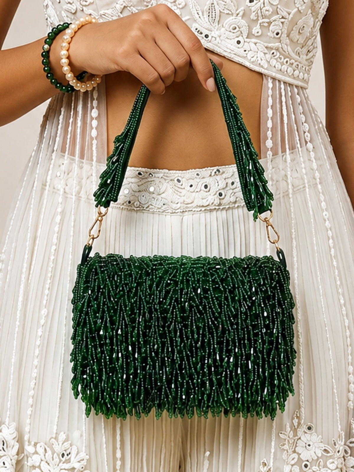 Green Fringe Pearl Beaded Party Clutch Bag For Women