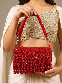 Red Fringe Pearl Beaded Party Clutch Bag For Women