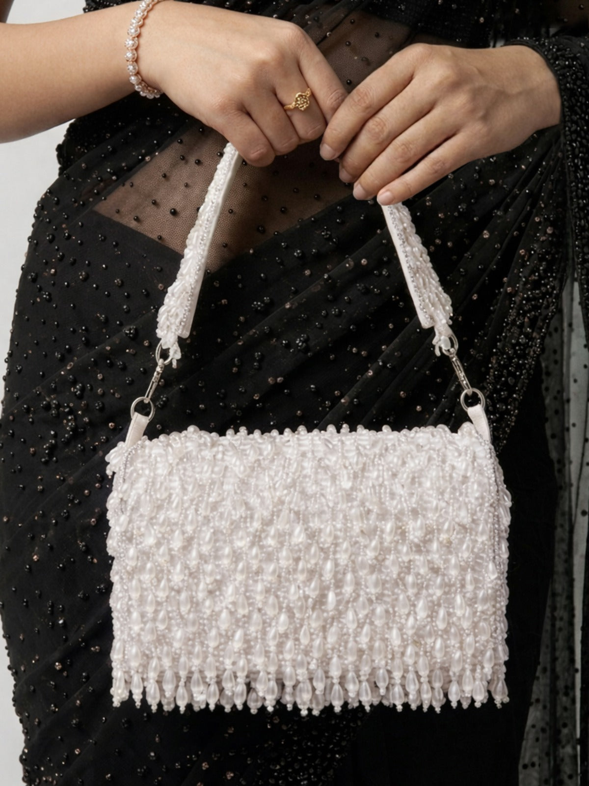 White Fringe Pearl Beaded Party Clutch Bag For Women