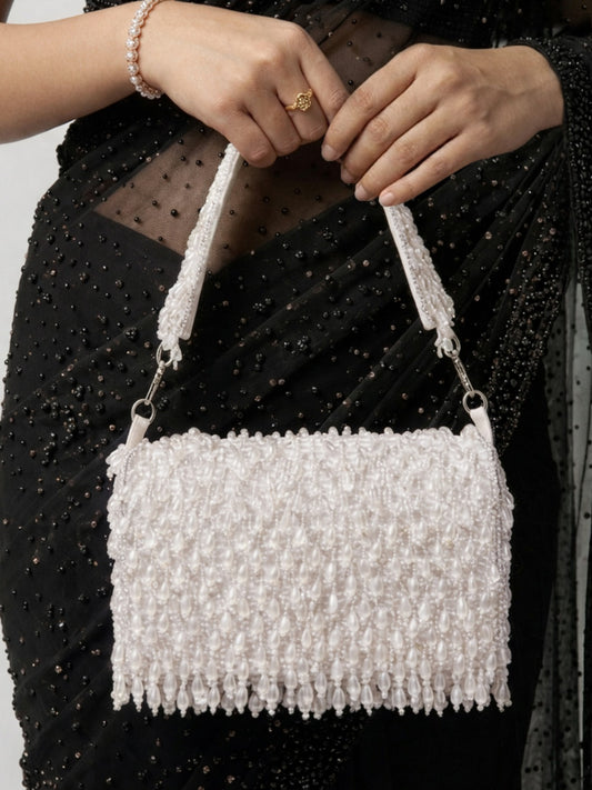 White Fringe Pearl Beaded Party Clutch Bag For Women