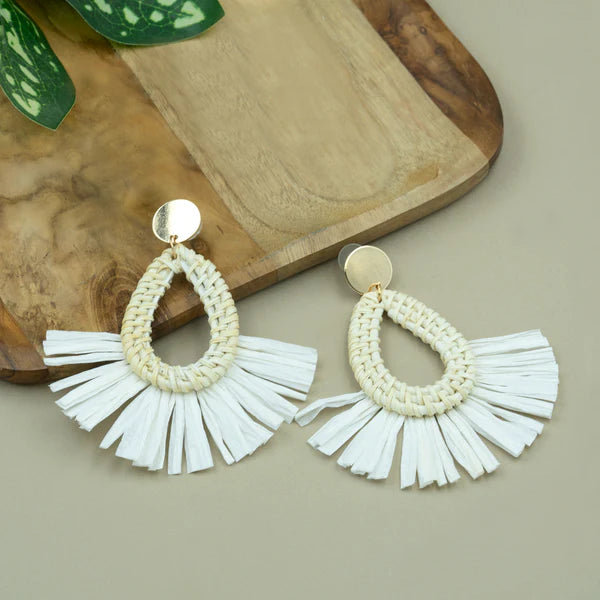 Handcrafted White Fringe Teardrop Earrings