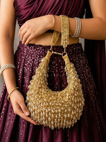 Gold Noir Pearl Beaded Party Clutch Bag For Women