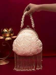 Peach Cream Pearl Potli Clutch Bag For Women