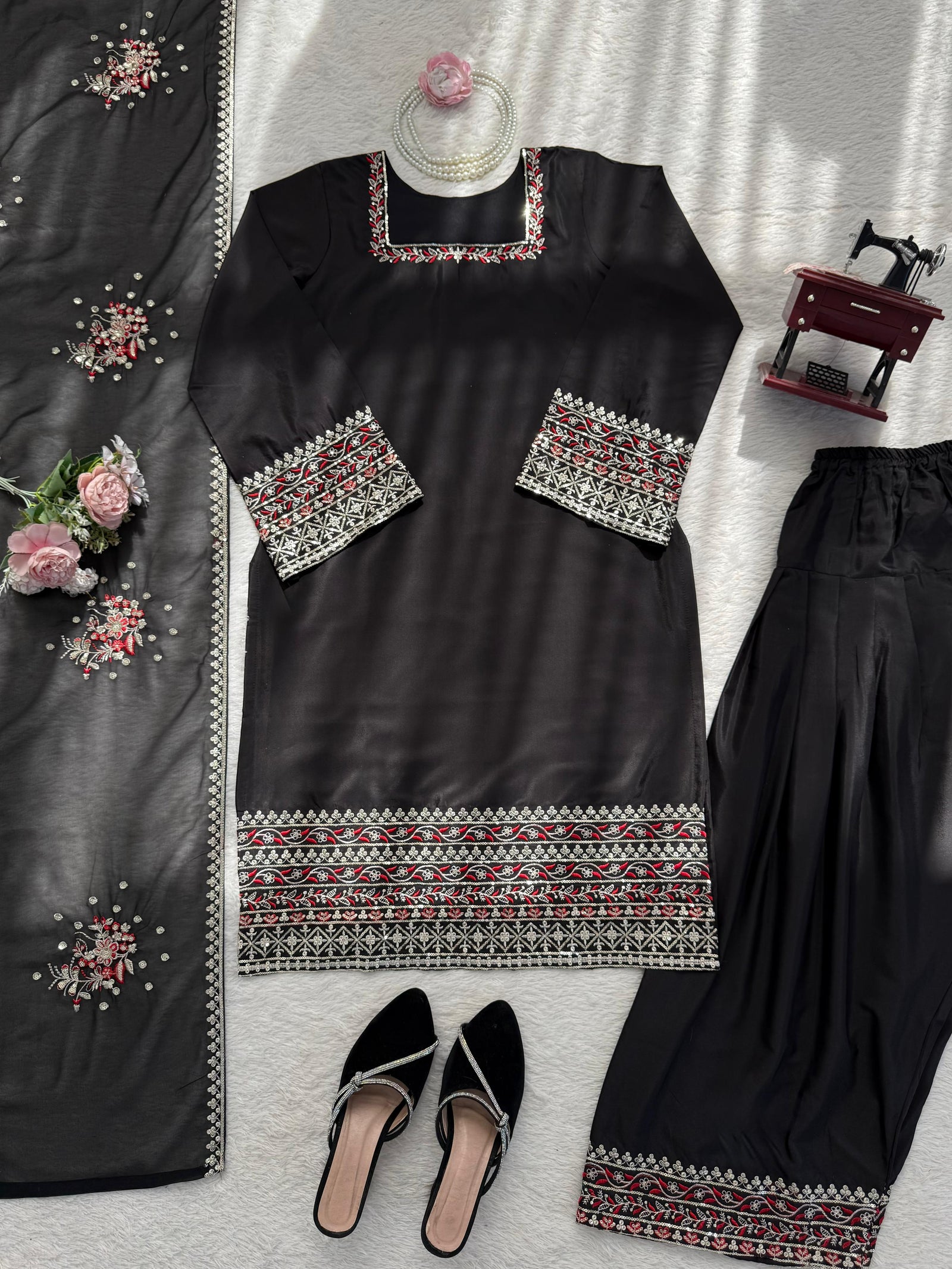 Designer Natural Crepe Farshi Palazzo Set With Thread & Sequence Embroidery