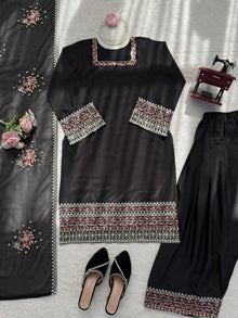 Designer Natural Crepe Farshi Palazzo Set With Thread & Sequence Embroidery