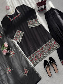Designer Natural Crepe Farshi Palazzo Set With Thread & Sequence Embroidery