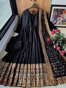Designer Chinon Silk Gown Set With Zari & Sequence Embroidery Dupatta