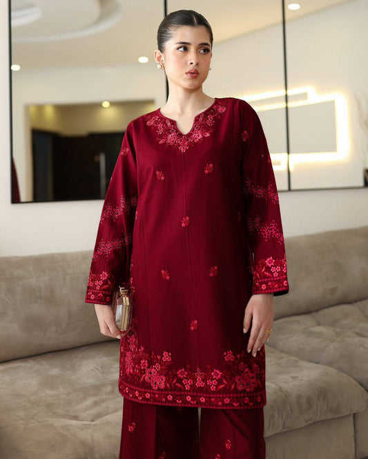 Designer Rayon Cotton Kurti Palazzo Set With Thread Embroidery (Free Size)