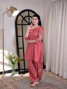 Designer Roman Silk Farshi Palazzo Set With Heavy Thread Embroidery