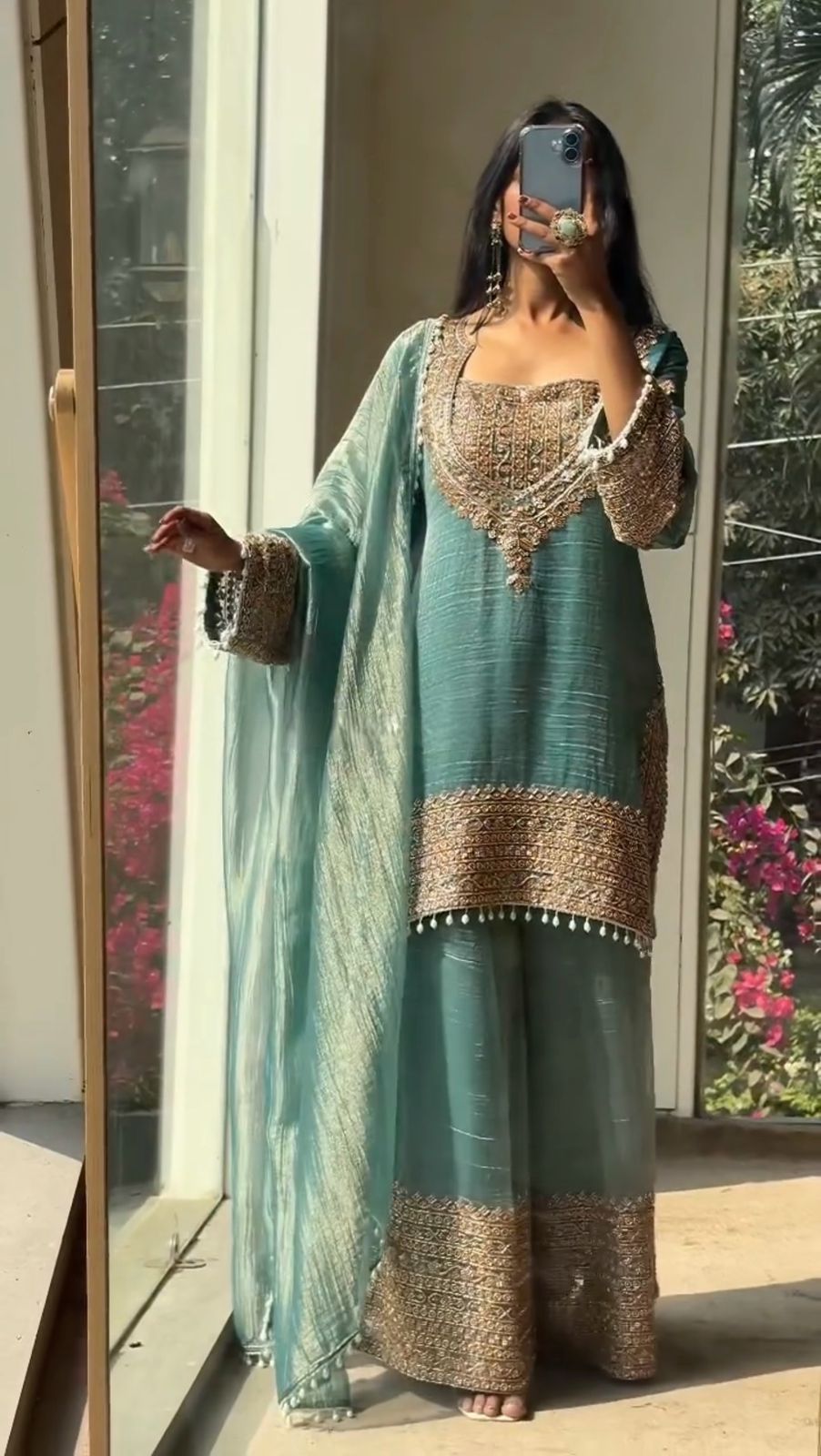 Designer Crunchy Embroidered Palazzo Suit Set With Dupatta