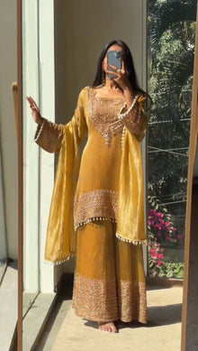 Designer Crunchy Embroidered Palazzo Suit Set With Dupatta