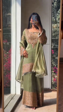Designer Crunchy Embroidered Palazzo Suit Set With Dupatta