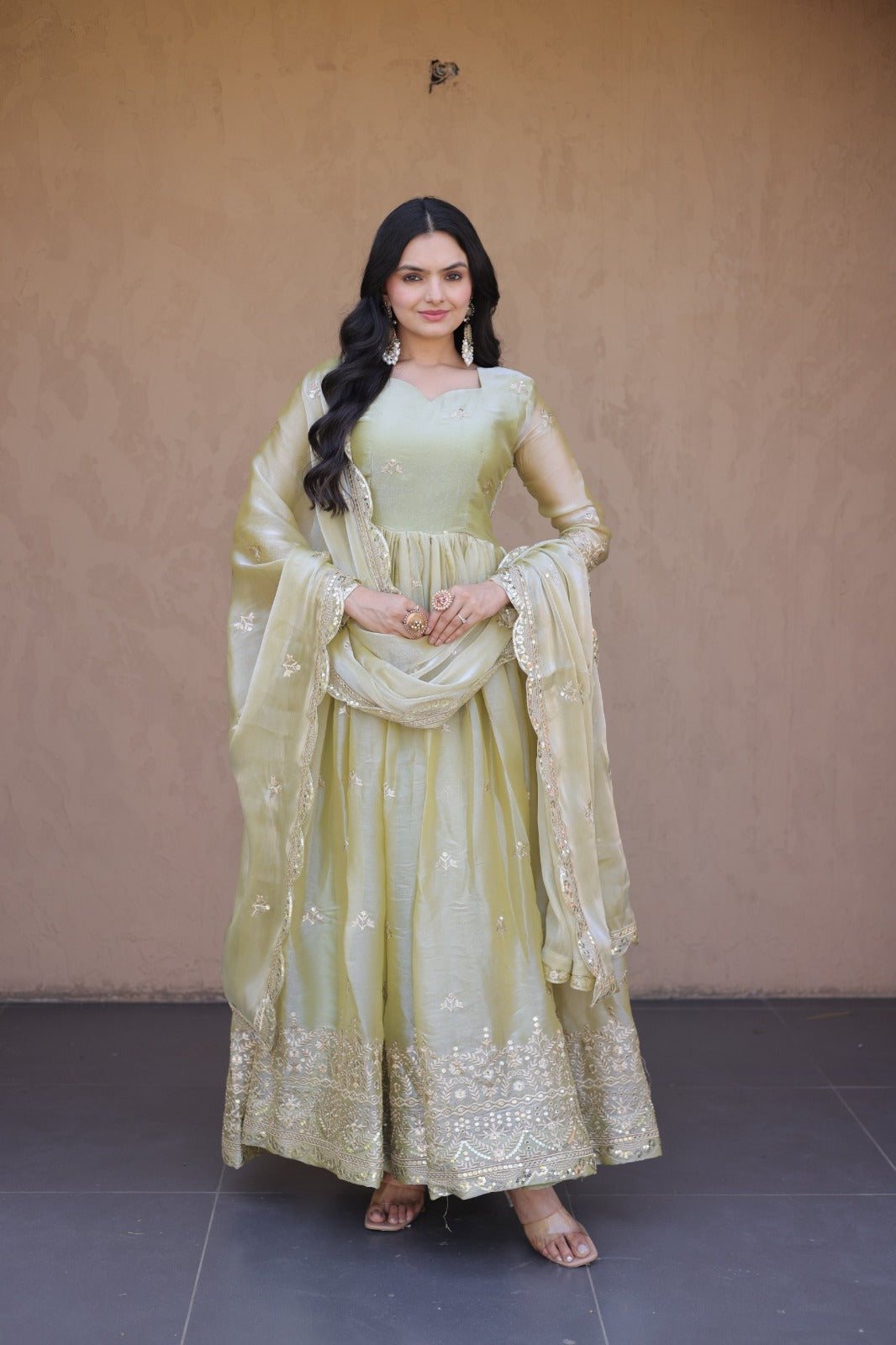 Designer Fendy Silk Anarkali Gown With Heavy Sequence & Zari Embroidered Dupatta