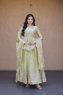 Designer Fendy Silk Anarkali Gown With Heavy Sequence & Zari Embroidered Dupatta