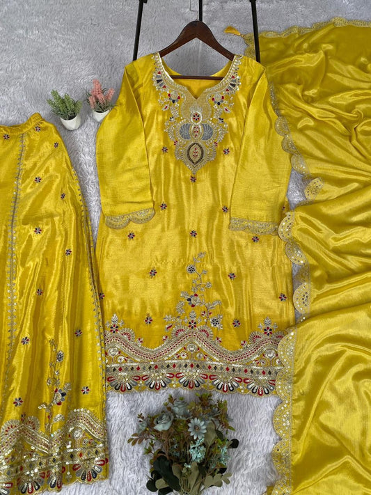 Designer Chinon Embroidered Kurta Palazzo Set With Sequence Work Dupatta