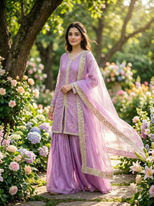 Designer Pure Fendy Silk Embroidered Top Palazzo Set With Dupatta
