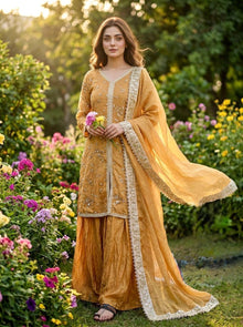 Designer Pure Fendy Silk Embroidered Top Palazzo Set With Dupatta
