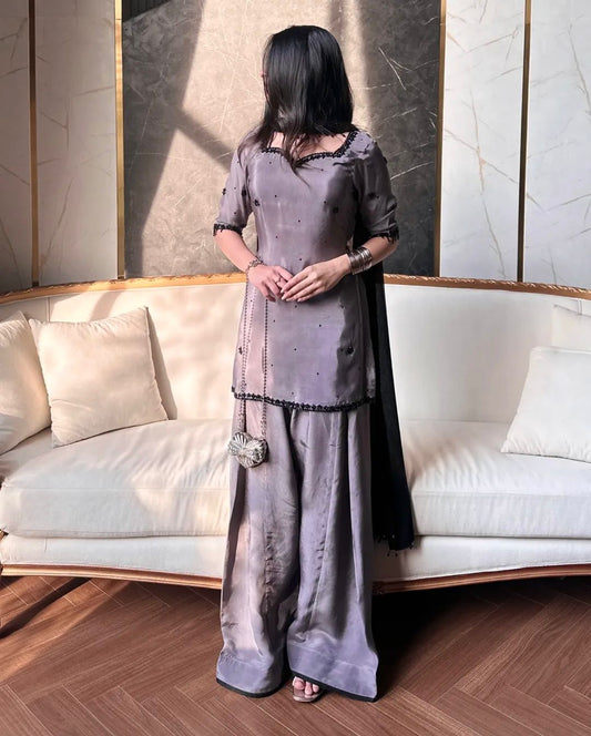 Designer Natural Crepe Silk Top With Farshi Salwar & Organza Dupatta Set