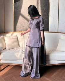 Designer Natural Crepe Silk Top With Farshi Salwar & Organza Dupatta Set