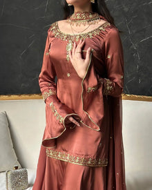Designer Natural Crepe Silk Kurta Farshi Palazzo Set With Sequence Embroidery Dupatta