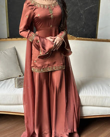 Designer Natural Crepe Silk Kurta Farshi Palazzo Set With Sequence Embroidery Dupatta