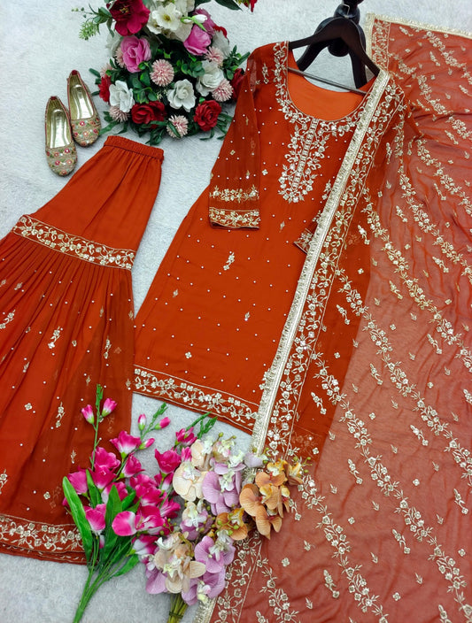 Designer Faux Georgette Embroidered Sharara Set With Sequence & Moti Work Dupatta