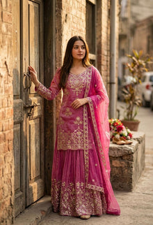Designer Organza Embroidered Kurta Sharara Set With Sequence Work Dupatta
