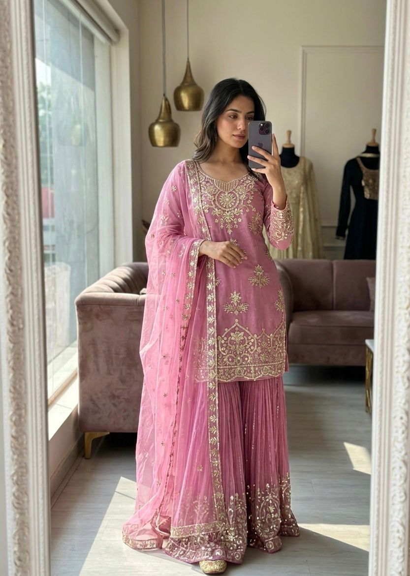 Designer Organza Embroidered Kurta Sharara Set With Sequence Work Dupatta