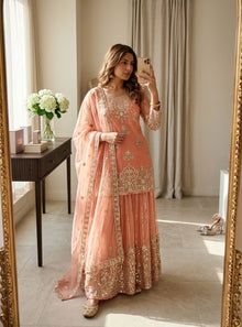 Designer Organza Embroidered Kurta Sharara Set With Sequence Work Dupatta
