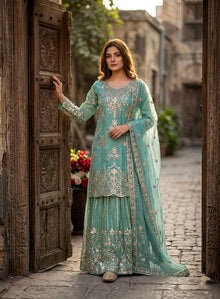 Designer Organza Embroidered Kurta Sharara Set With Sequence Work Dupatta