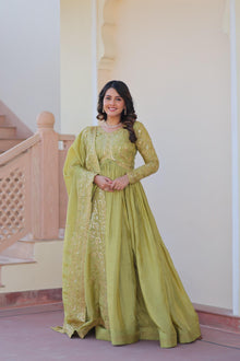 Designer Gold Crush Embroidered Gown With Sequins Work Dupatta