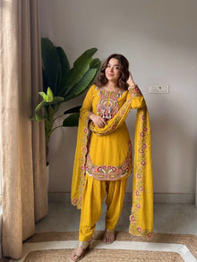 Designer Heavy Georgette Farshi Suit Set With Thread Embroidery Dupatta