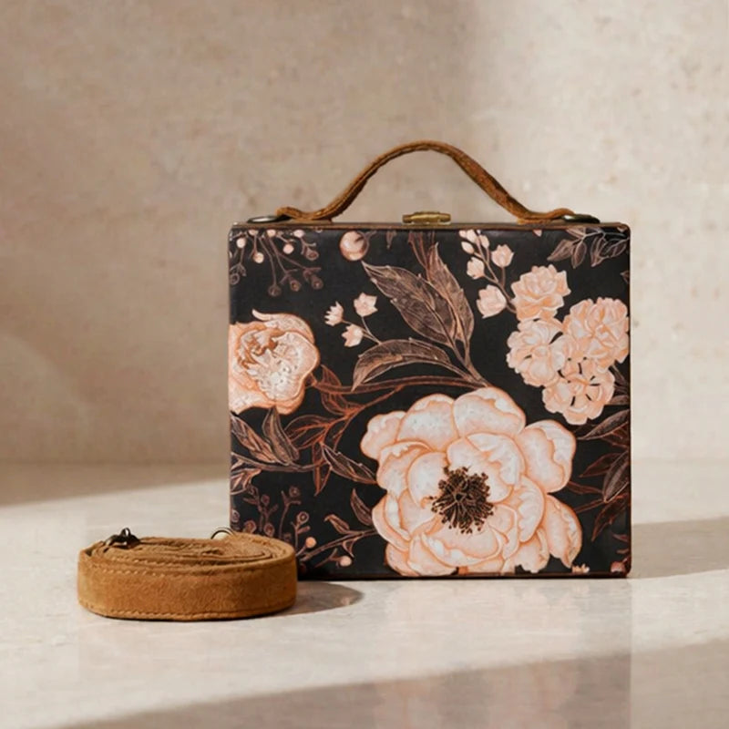 Black Floral Print Suitcase Style Clutch Bag