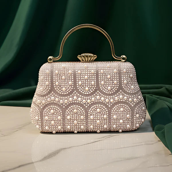 White Pearl Beaded Party Clutch Bag For Women
