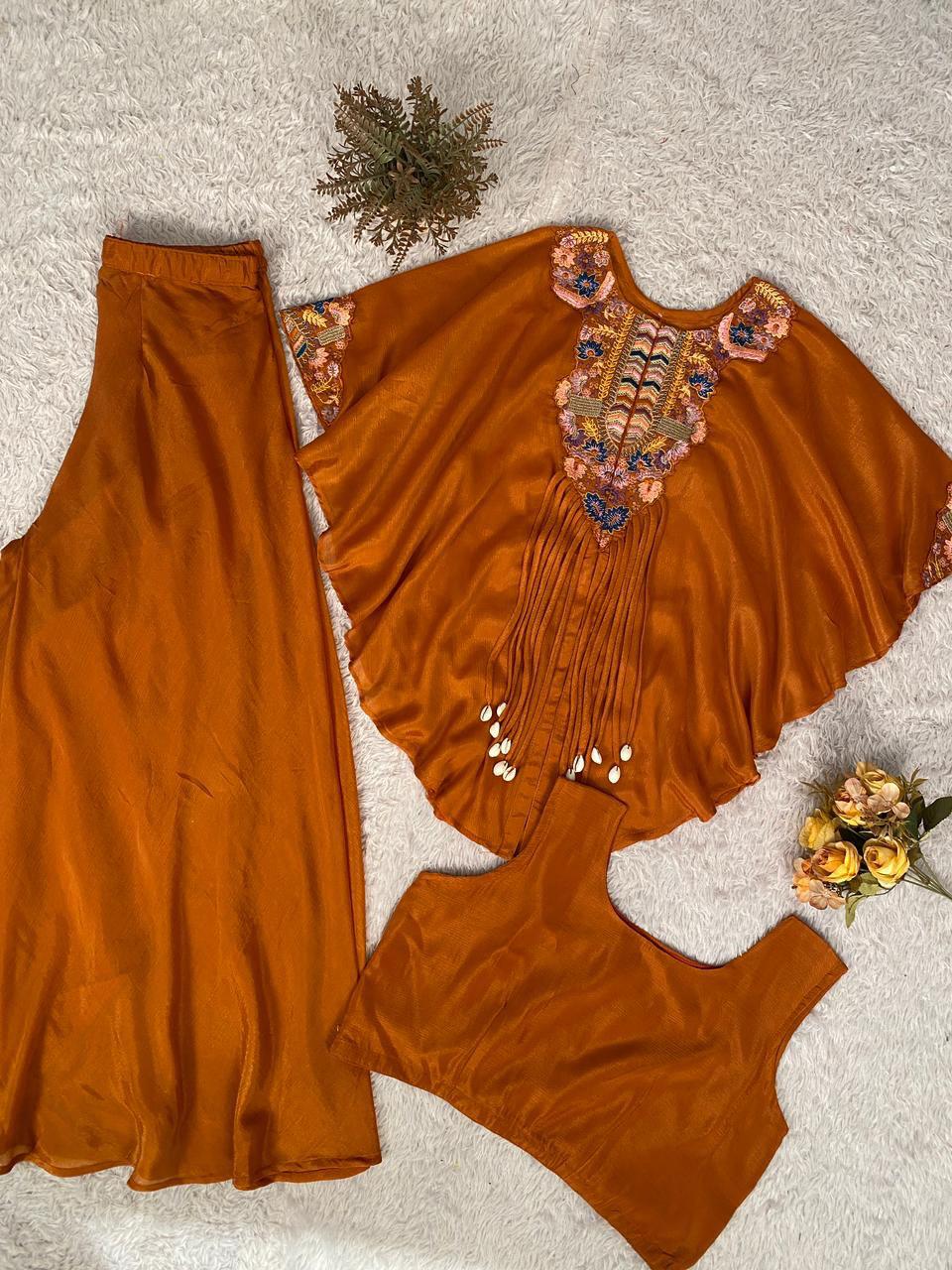 Designer Indo Western Air Tex Chinon Three-Piece Set With Sequence Embroidery