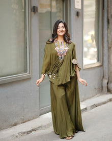 Designer Indo Western Air Tex Chinon Three-Piece Set With Sequence Embroidery