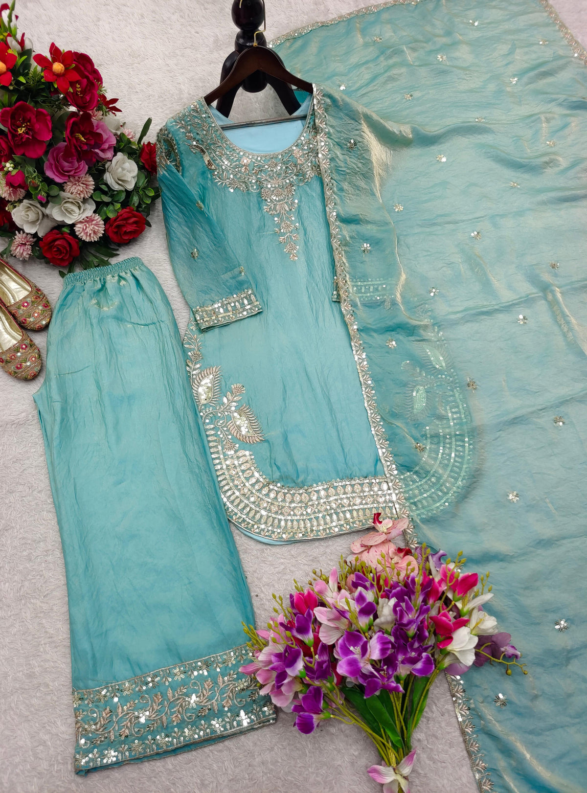 Designer Zmy Chu Silk Palazzo Set With 5mm Sequence Embroidery Dupatta