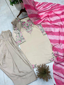 Designer French Crepe Farshi Salwar Suit With Embroidered Top & Organza Dupatta