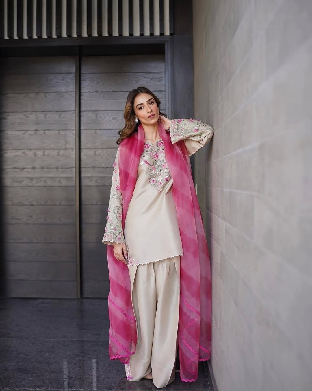 Designer French Crepe Farshi Salwar Suit With Embroidered Top & Organza Dupatta