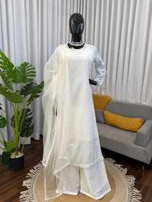 Designer Natural Crepe Palazzo Set With Beads Work & Organza Dupatta