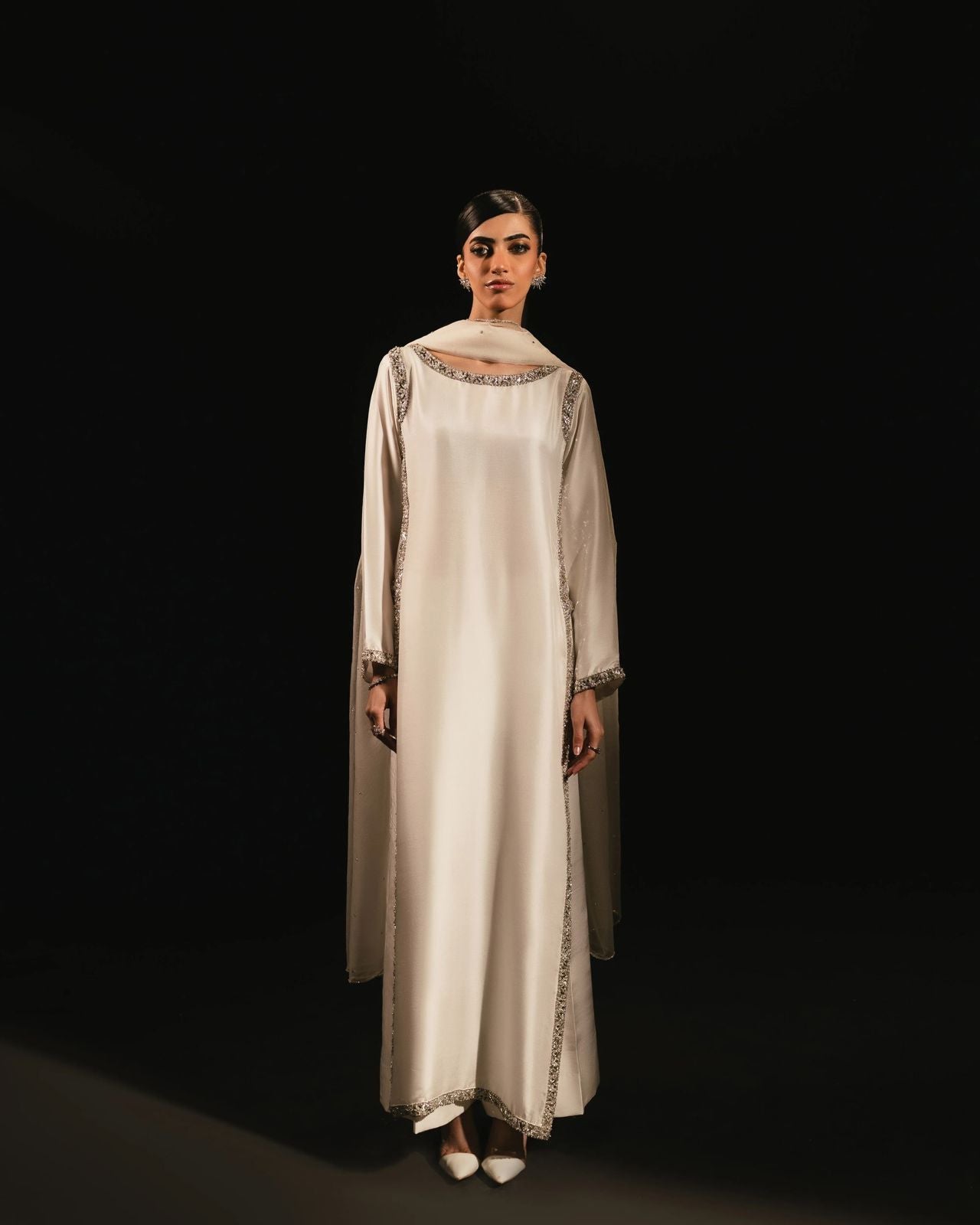 Designer Natural Crepe Palazzo Set With Beads Work & Organza Dupatta