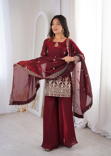 Designer Fendy Silk Sharara Set With Sequence Embroidery & Lace Border Dupatta