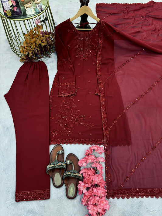 Designer Faux Georgette Palazzo Set With Sequence & Rivet Moti Embroidery Dupatta